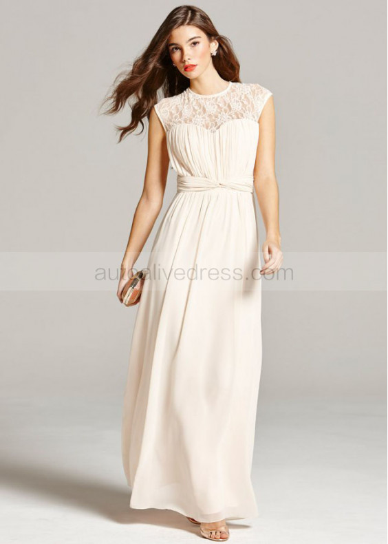 Light Champagne Chiffon Lace Cap Sleeves Long Prom Dress 